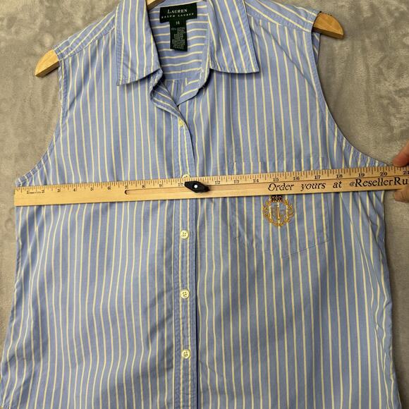 Lauren Ralph Lauren Shirt Womens 14 Blue Striped Sleeveless Button Front Crest - Picture 6 of 8